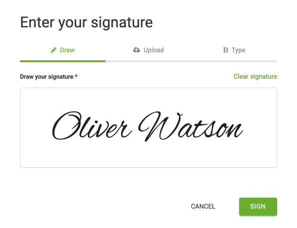 The user interface to digitally enter your signature